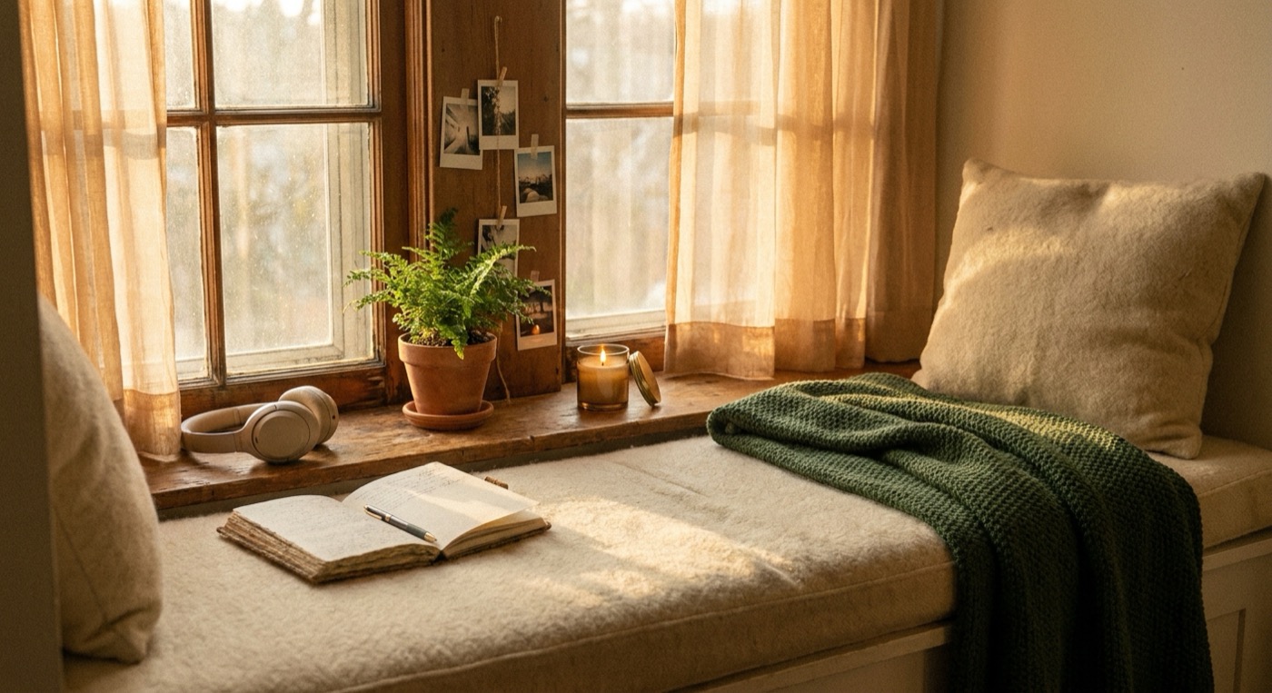 A bright study nook with a plant and open journal
