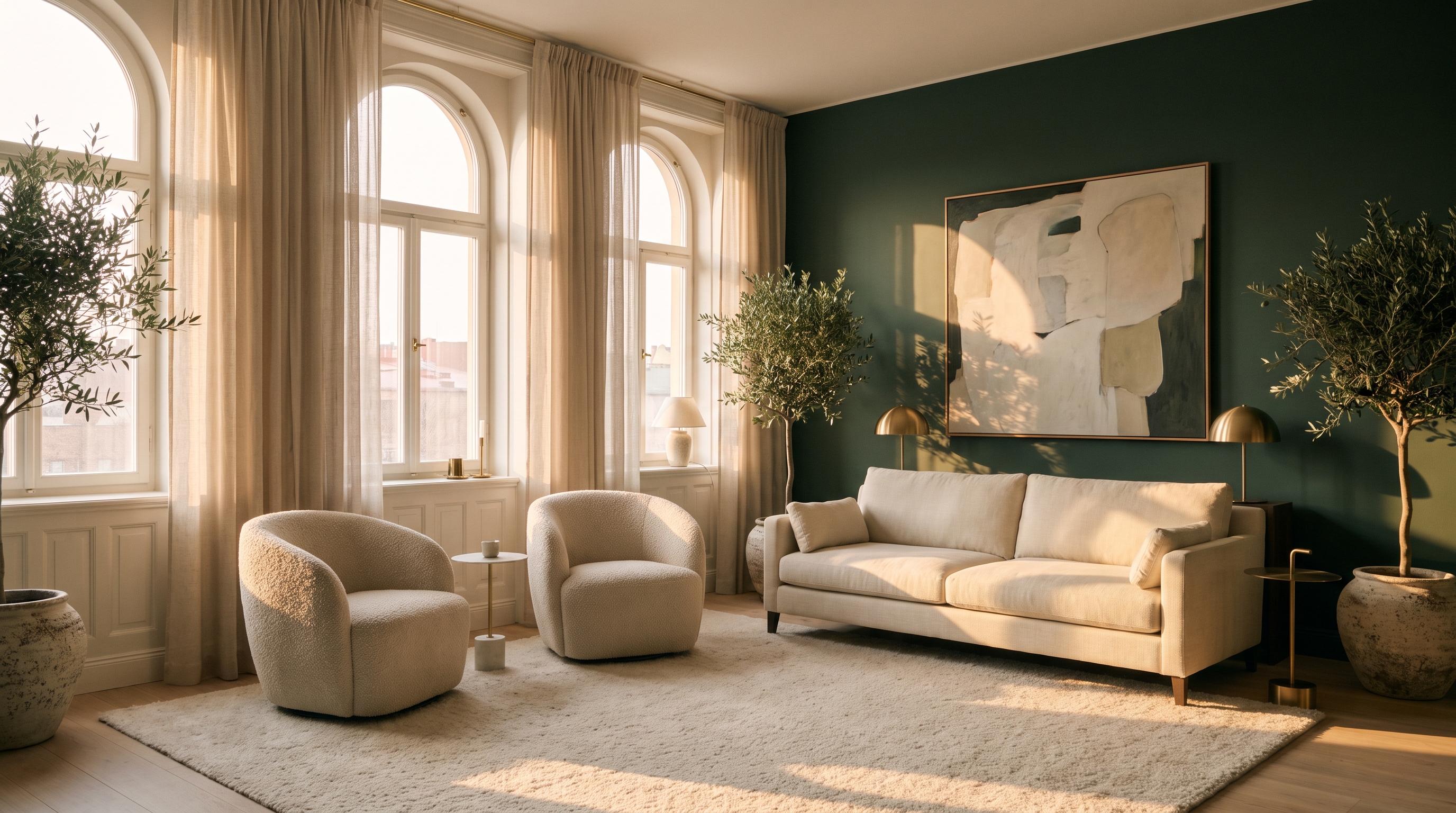 A serene sunlit therapy space with cream seating, arched windows and olive trees