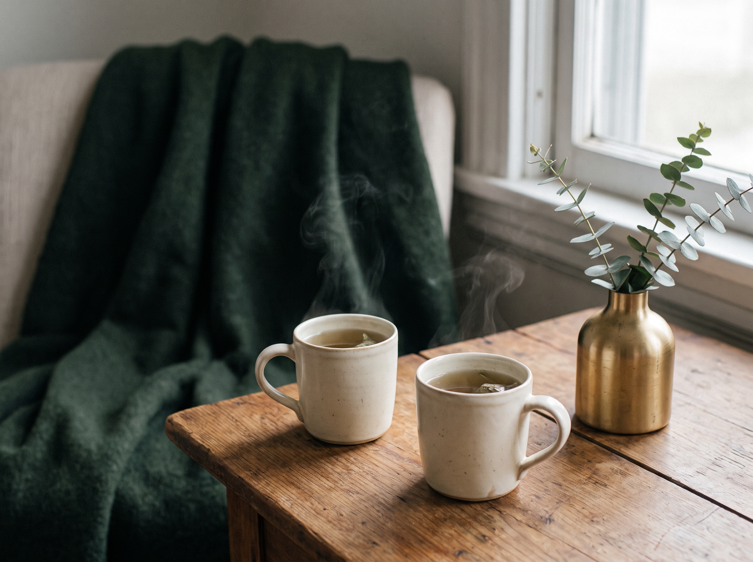 Two cups of tea together on a warm wood table