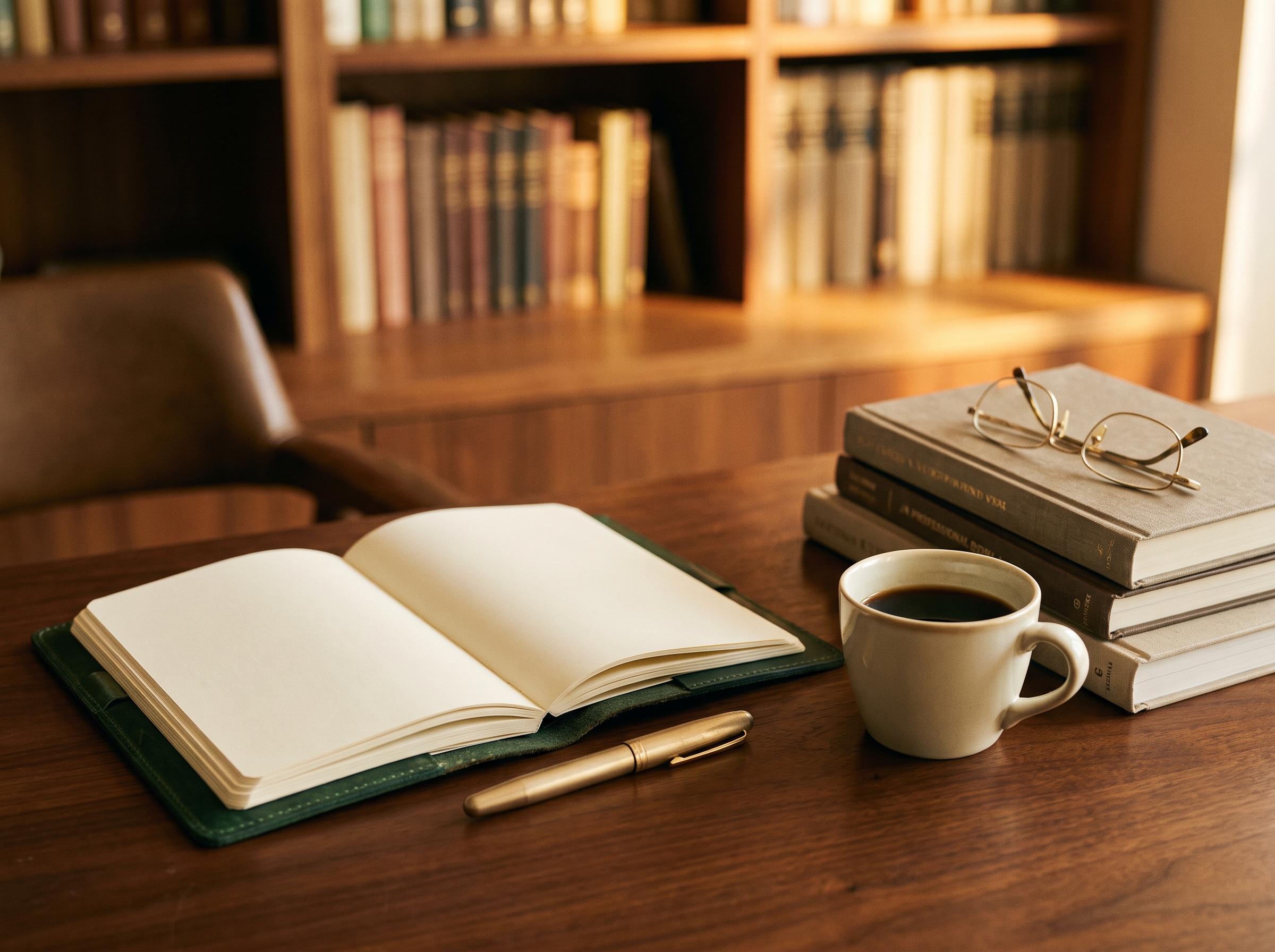 A mentor’s desk with an open notebook and coffee