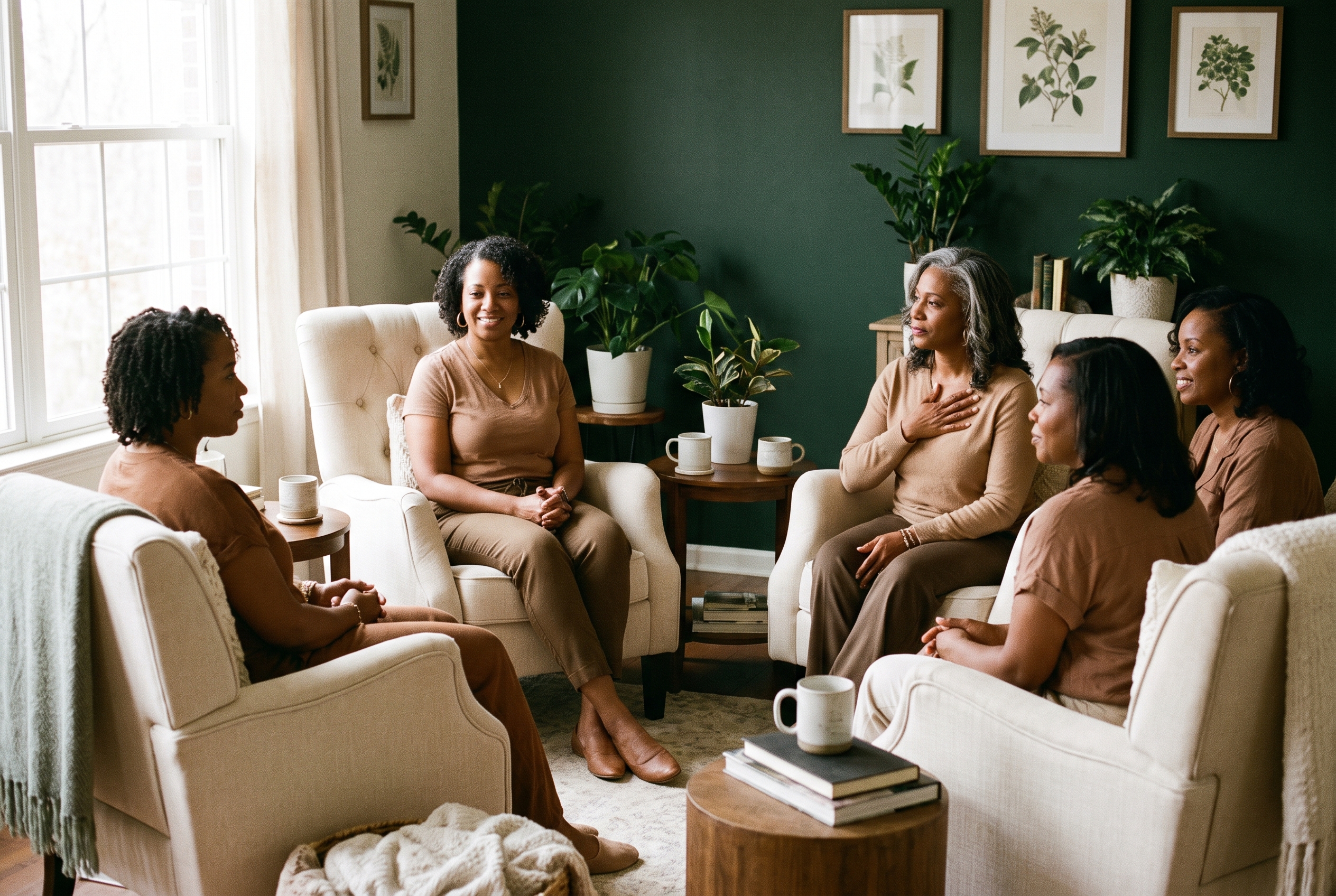 A warm women's therapy support circle of Black women in cream armchairs